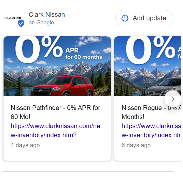 google profile update - 2X Sales Two promo cards showing Nissan Pathfinder and Nissan Rogue with 0% APR for 60 months against a mountain landscape with blue sky.